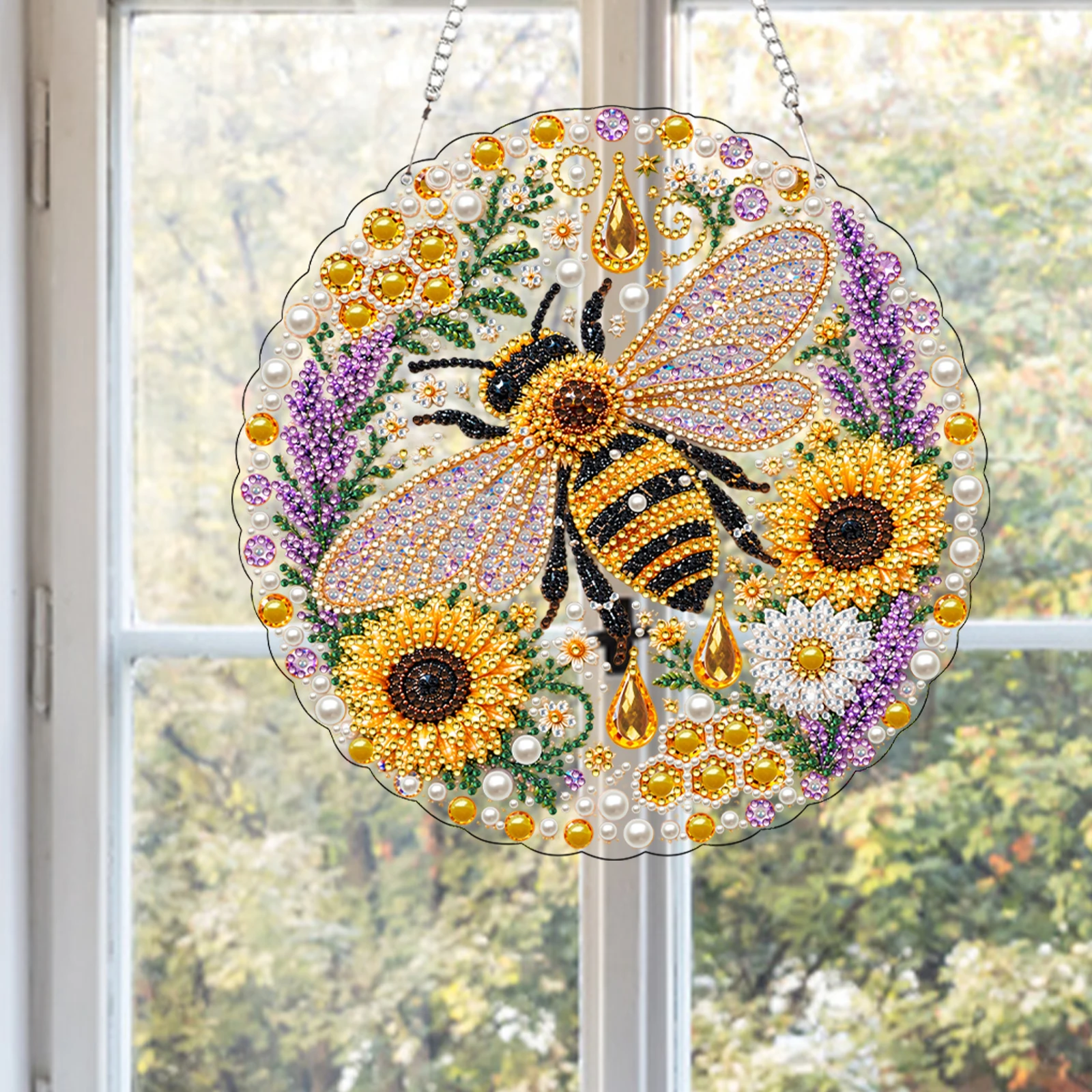 5D DIY Diamond Painting Hanging Ornament Acrylic Light Catcher Owl Bee Cat Peacock Flamingo 25cm