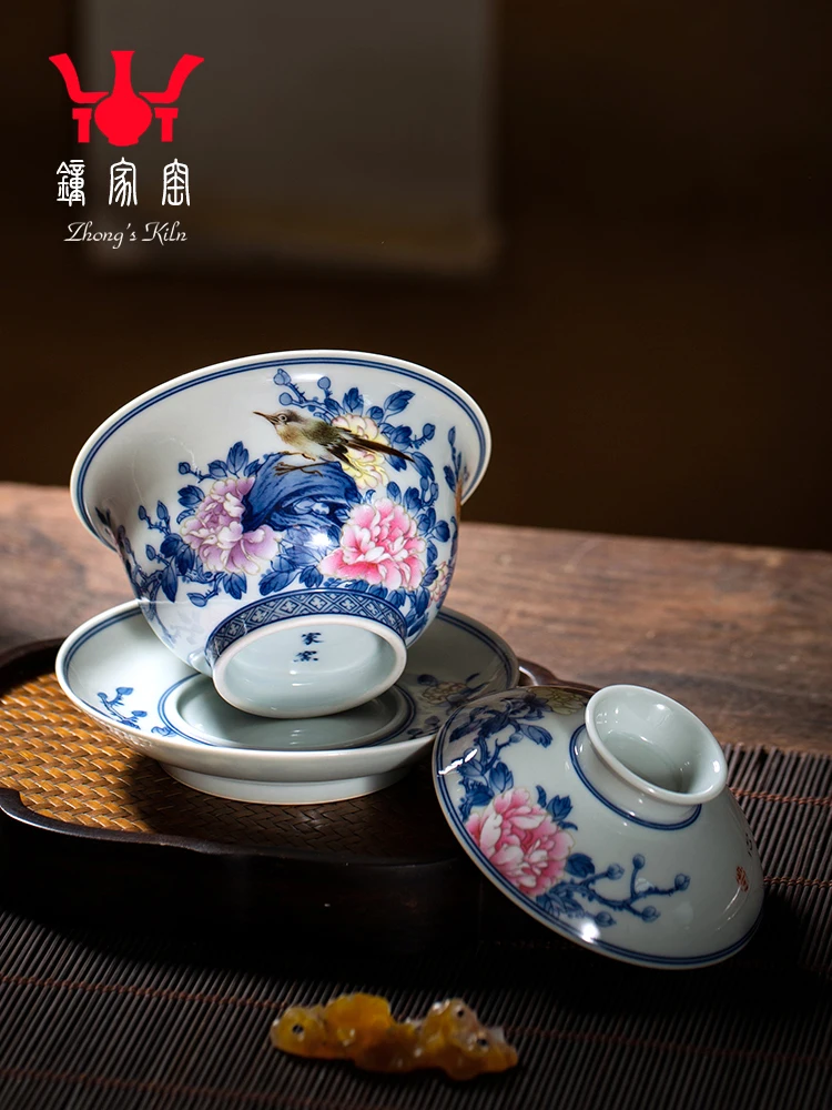 Zhong Jiayao Ceramic Cover Jingdezhen Famous Teacher Wan Haihua, Hand-painted Colorful Flower And Bird Figure, Tea Bowl,