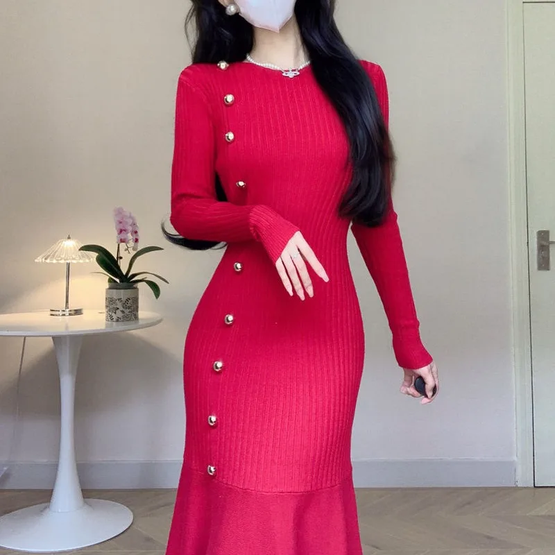 2023 Women's Autumn and Winter Pullover Round Neck Spliced Button Screw Long Sleeved Thread Knitted Slim Fit Solid Color Dress