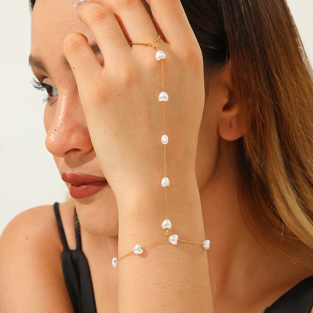 Stainless Steel Dainty Heart‑Shaped Pearl Finger Bracelets Hypoallergenic Bracelet Ring For Women Elegant Jewelry Party Gifts