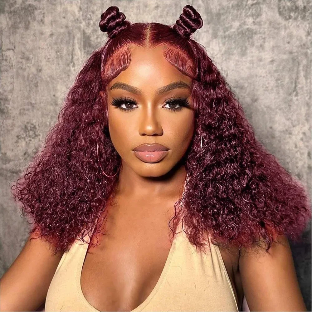 

99j Burgundy Deep Wave Human Hair 13x4 HD Glueless Lace Front Wigs Pre Plucked Red Curly Bob Wig Human Hair for Black Women