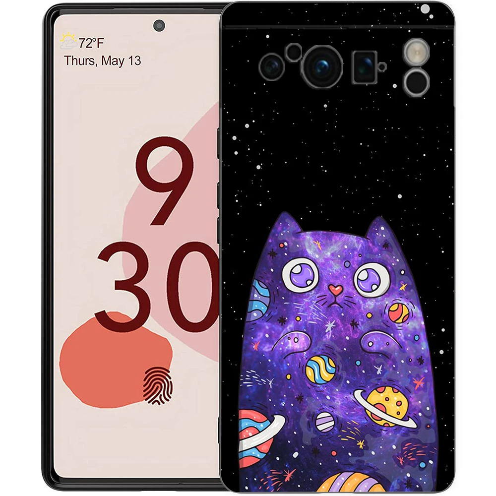 Phone Case For Google Pixel 8 7 6 Pro 8A 7A 6A TPU Shell Soft Silicone Shockproof Black Cover Cat-Printed