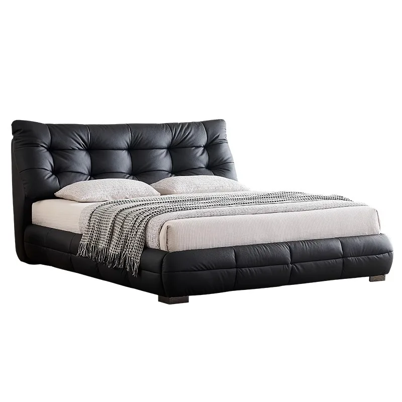 

Big black bear leather bed modern simple small apartment first layer cowhide