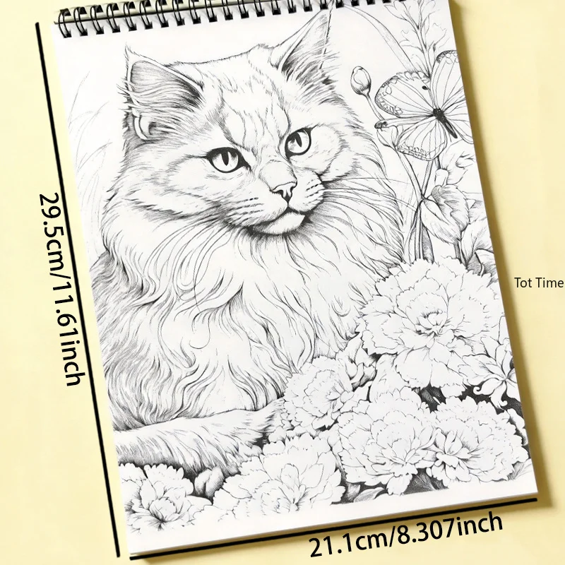 A Healing Animal and Flower Line Drawing Coloring Book, Cat Theme, Adult Anxiety Relief and Relaxation Hand Drawn Book, 32 Pages