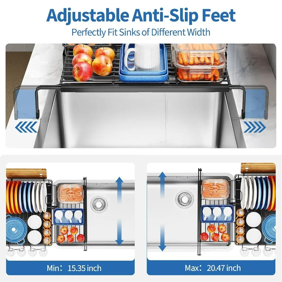 رف تجفيف الأطباق قابل للتمديد من طبقتين لطاولة المطبخ، مصمم لتجفيف الأطباق الكبيرة القابلة للتوسيع لتناسب الحوض 3 في 1 متعدد الوظائف #5