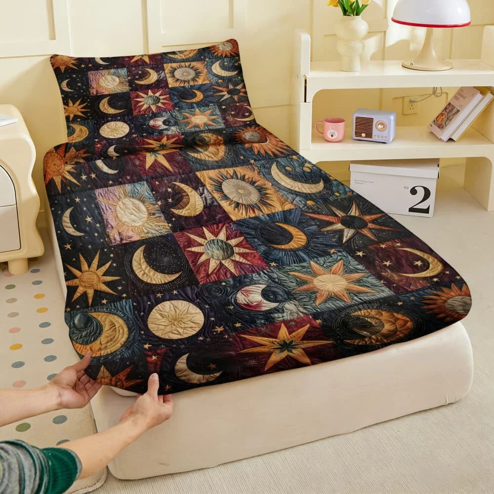 1pc Bohemian Patchwork Sun & Moon Print Fitted Sheet Deep Pocket Elastic Mattress Cover Single Double Queen King Bedroom Decor