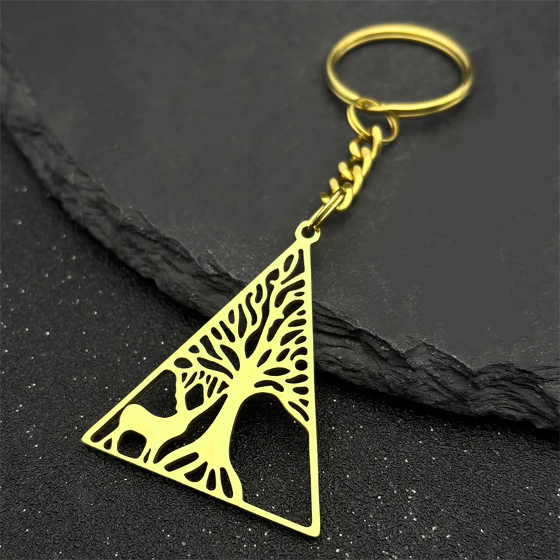 

Tree Of Life Milu Deer Keychain For Women Men Stainless Steel Gold Silver Color Hollow Triangle Love Animal Keyring Jewelry