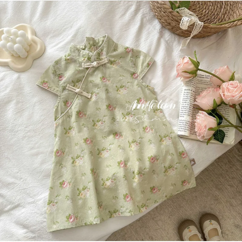 Girls' Summer Sweet Chinese Cheongsam Dress Girls' Summer Trendy Thin Dress Baby Girl Skirt