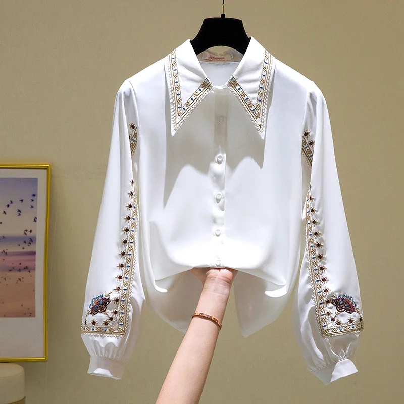 Women\'s Spring Doll Collar Embroidered Straight Long Sleeve Shirt 2023 New Lady White Polo Collar Fleece-Lined Bishop Sleeve Top