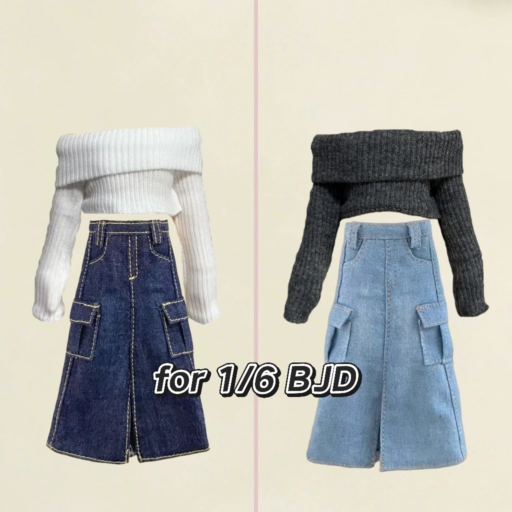 

BJD (1/6 BJD Doll Clothes) Baby Clothes Straight-Shoulder Knit Top Shoulder Knitted Blouse Long Denim Skirt
