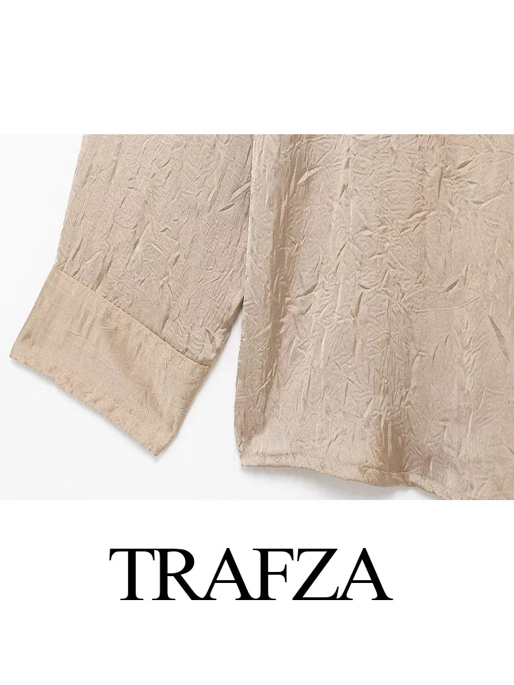 TRAFZA-2-Piece Set para Feminino, Efeito de vinco, Single Breasted Lapela, Manga Comprida Camisa, Bolsos Moda, Calça Elástica na Cintura, Sólido