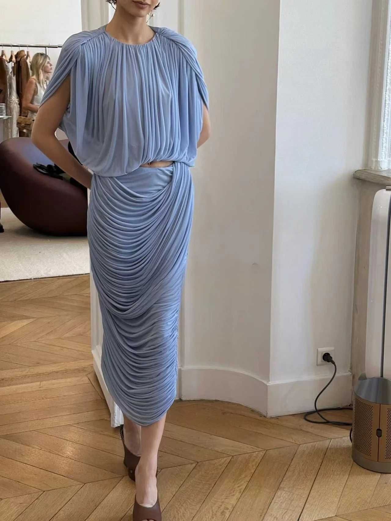 

Fashion Elegant 2-Piece Set Women Ruched Sleeveless Crop Top & Bodycon Irregular Peach Hip Skirt Skinny Classic Evening Outfits