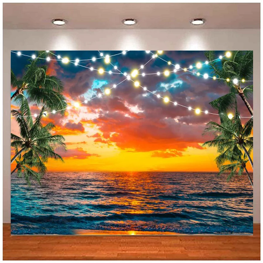 

Summer Sunset Background Photo Studio Tropical Seaside Vacation Banner Party Photography Backdrop Seaside Palm Trees Poster