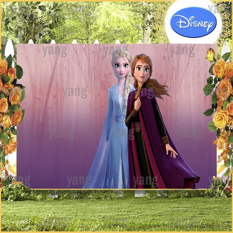 Fondo de fotografía personalizado de dibujos animados de Disney, telón de fondo de princesa Frozen, Elsa, Anna, fiesta de cumpleaños, bosque de hielo púrpura, decoración