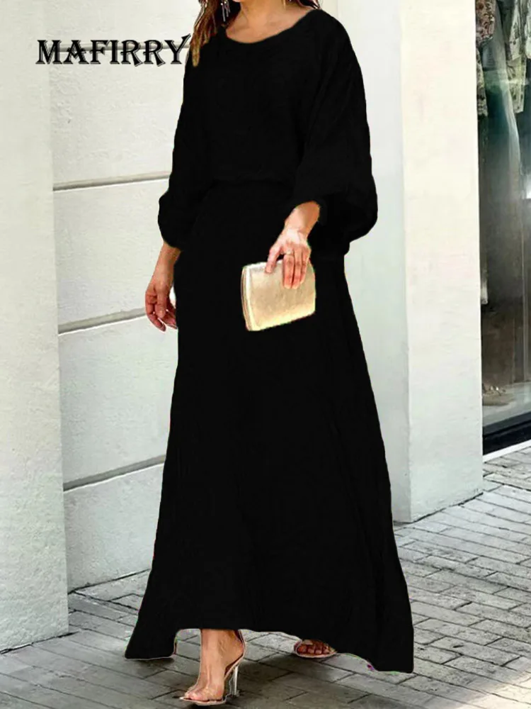 

Matching Set 2022 2PCS Printing O-Neck Loungewear Maxi Skirt Loose Outfit Women Summer Lantern Sleeve Elastic Wasit Streetwear