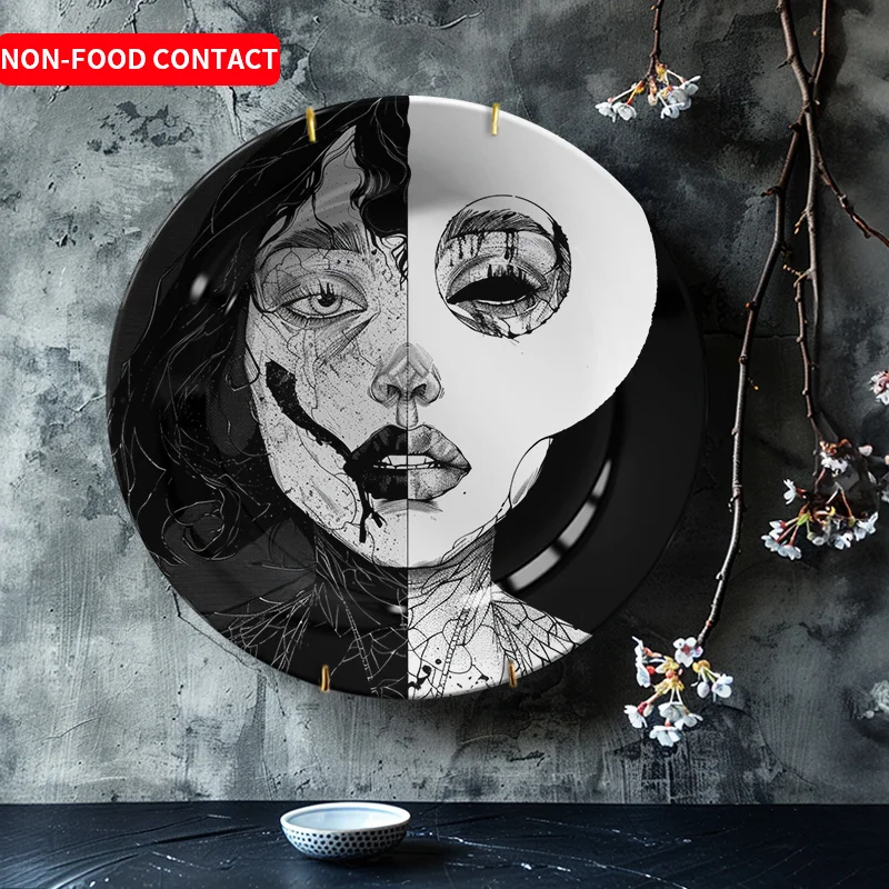 

1 шт. Современная минималистичная керамическая декоративная тарелка - черно-белый женский портрет на половину лица, элегантный декор стола или стен для