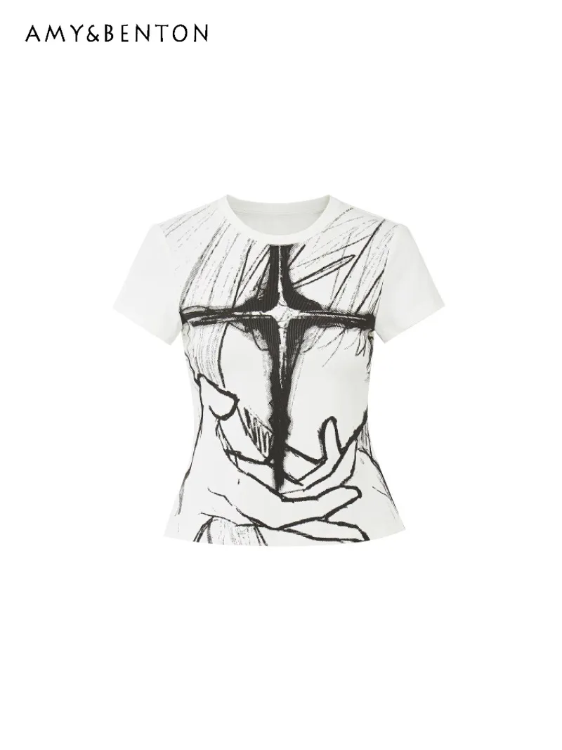 

Japanese Two-dimensional Punk Yabifeng Anime Cross Star Print Slim-fit Elastic Front Shoulder Short-sleeved T-shirt For Women
