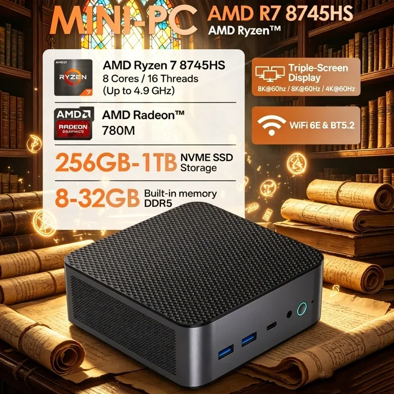 

Opalescent Ryzen 7 8745HS Mini Server Computer Dual 2.5G Ethernet Port Dual DDR5 NVMe HD DP Type-C Multi Monitor Windows11