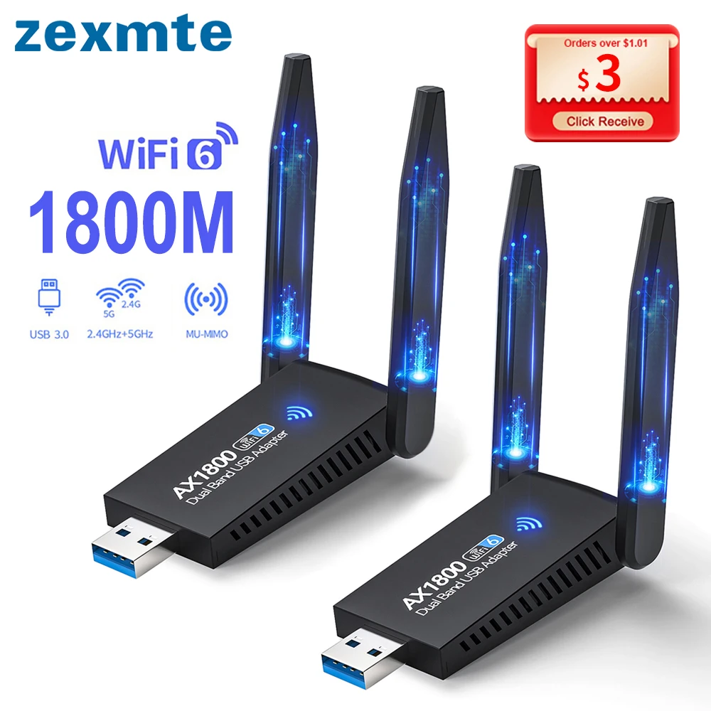 

Zexmte USB WiFi 6 Adapter 1800Mbps 1300Mbps Wireless Network Card Dual Antenna 5GHz/2.4GHz WiFi Dongle for Windows 10/11/Vista