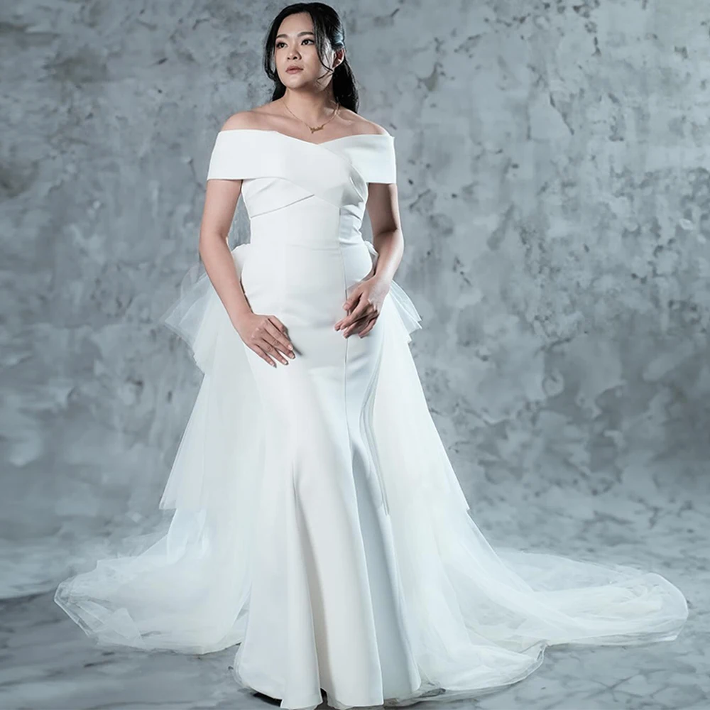 

White Jersey and Tulle Customized Evening Dress Mermaid Off the Shoulder Homecoming Dresses Lace Up Back Celebrity Gowns