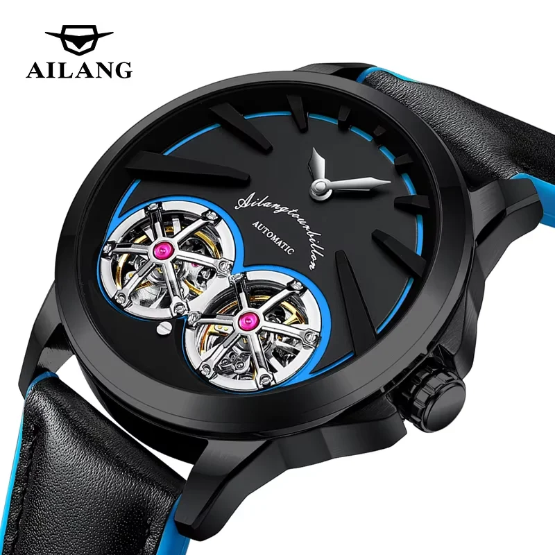 Domed Holographic Glass with Anti Glare AI LANG Fashion Watch Mechanic Automatic Double Tourbillon High-end Leather Wristwatch