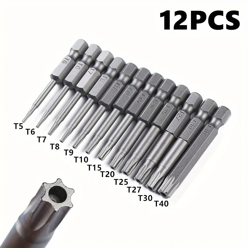 12pcs 50mm 1/4 Hex Shank Hole Security Torx Bits Set-T5-T40 Included-For Power Drill & Screwdriver and DIY projects and repairs