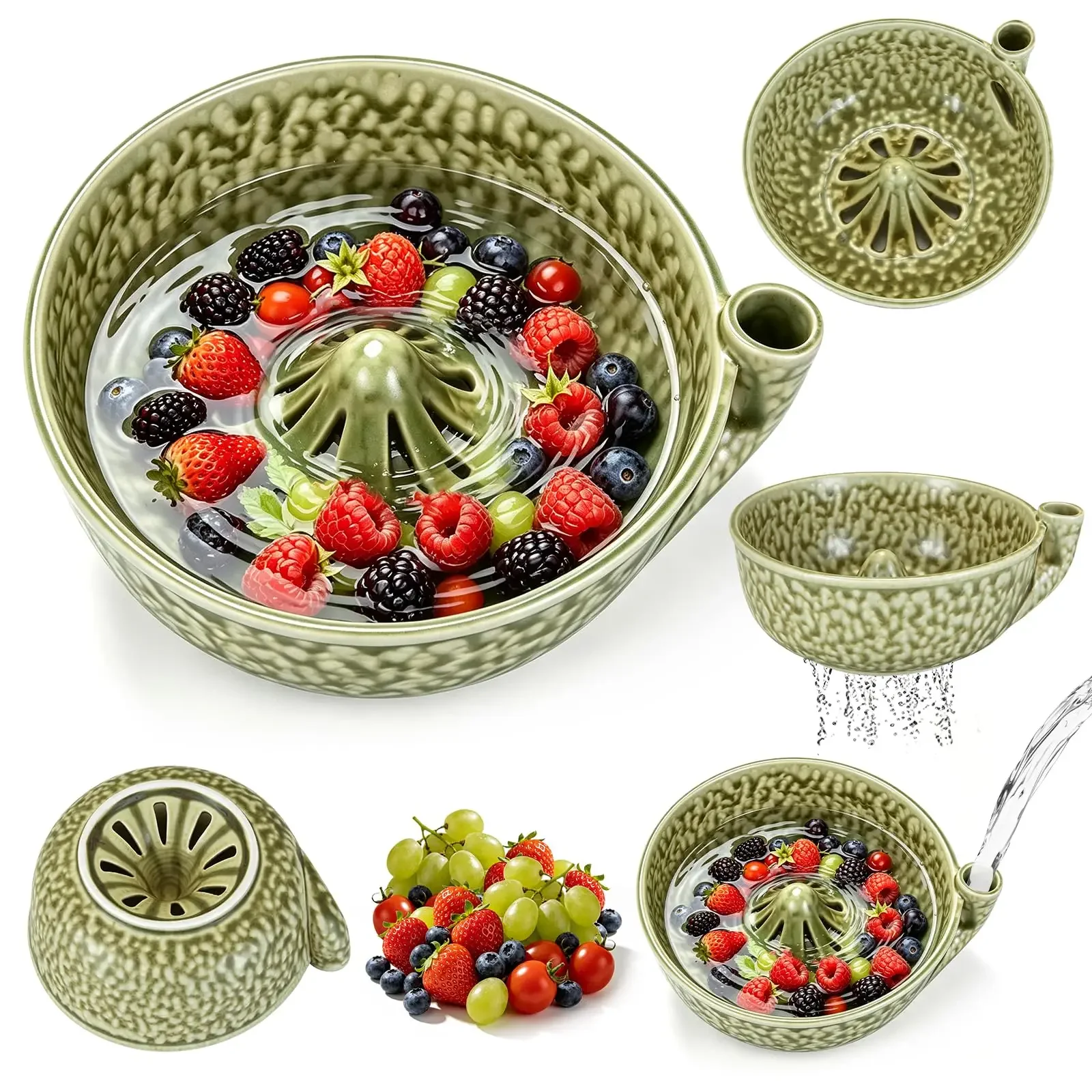 Ceramic Swirl Rinsing Berry Bowl, Perforated Draining Colander Bowl, Multi Purpose Fruit Draining Bowl for Kitchen Countertop