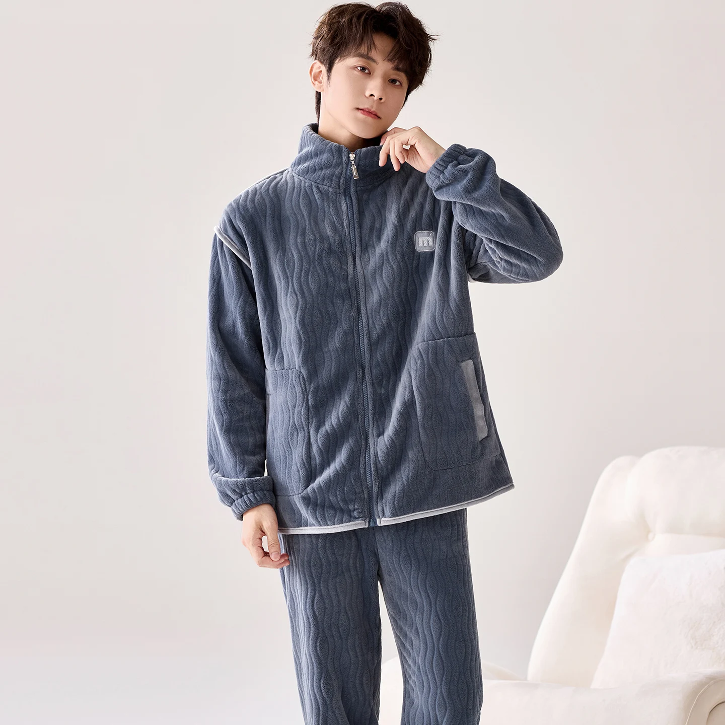 Winter men pajamas thick flannel pyjamas male with zipper coral fleece cardigan men big yards 4XL sleep tops+long pants 2pcs/set