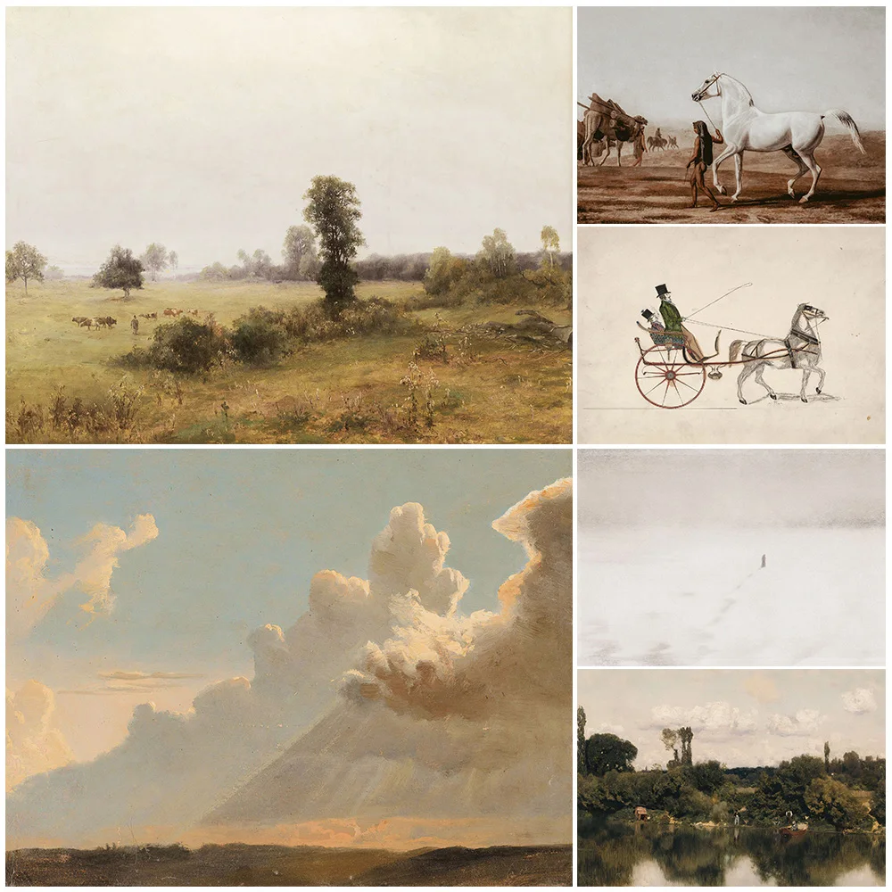 

Rustic Moody Autumn Landscape Wall Art Canvas Painting Sleigh,White Horse,Forest Vintage Art Poster And Print Home Decoration