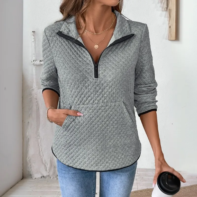 Grey Waffle Hoodie V-neck Zipper Half Open Casual Solid Color Versatile Texture Top Splicing Kangaroo Bag Spring New Item Hoodie