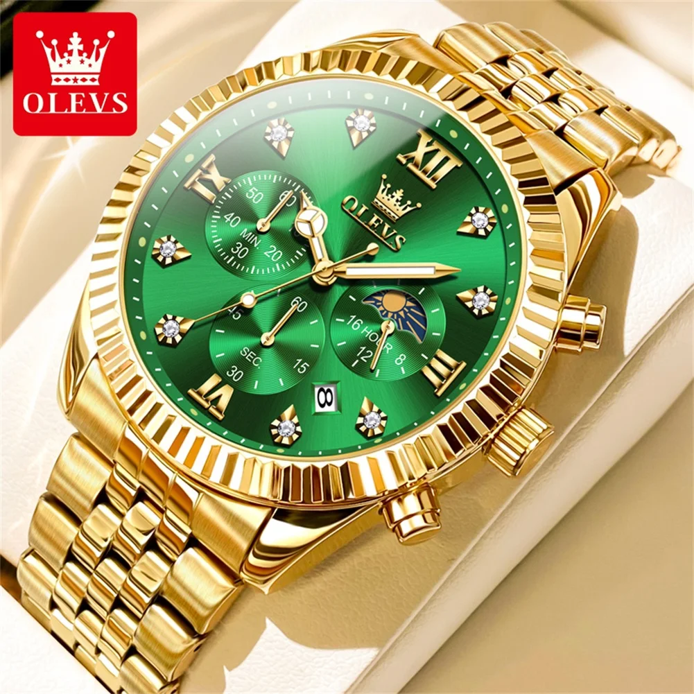 

OLEVS Fashion Green Dial Moon Phase Chronograph Quartz Watch Men Stainless Steel Waterproof Calendar Mens Watches Reloj Hombre