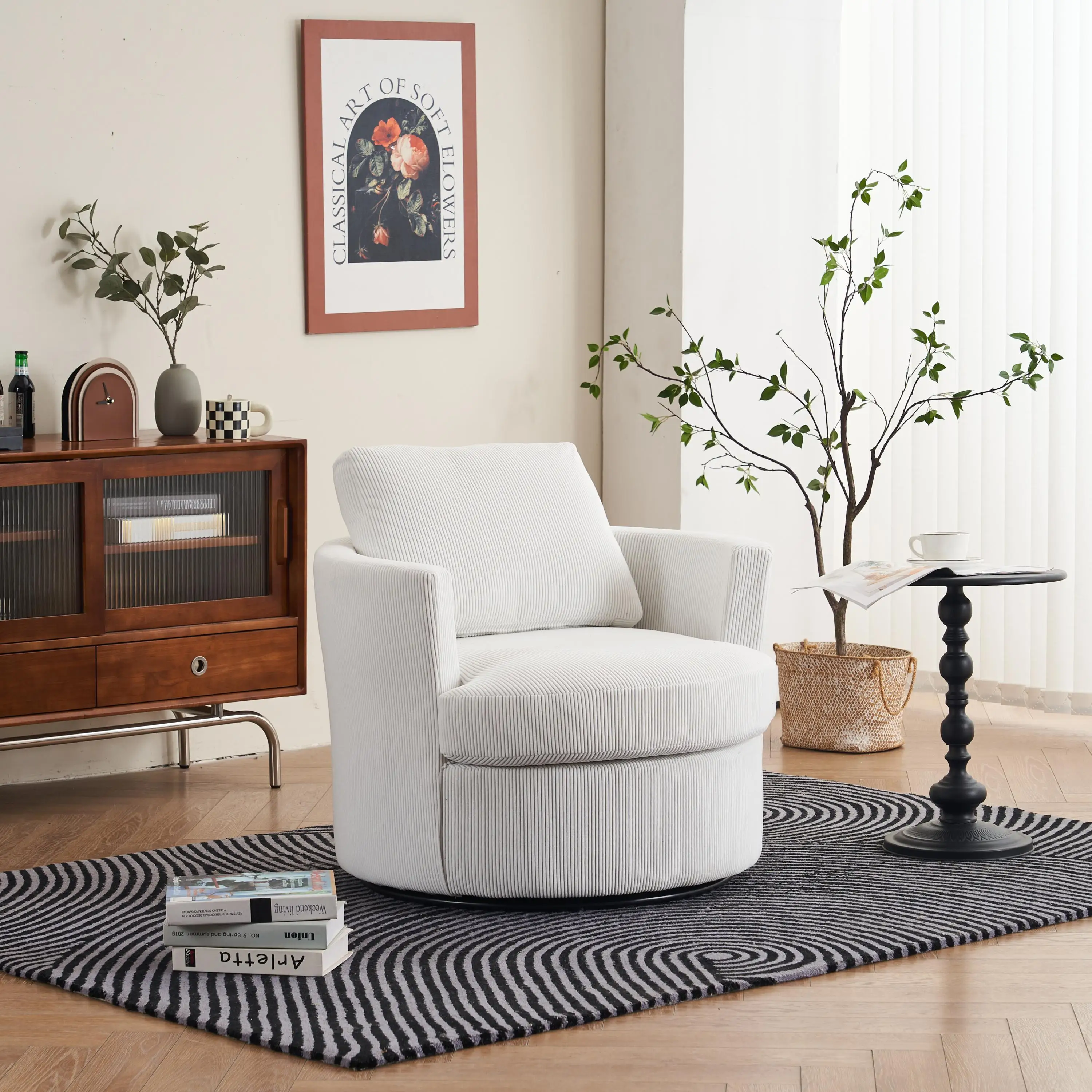 Modern style white single swivel sofa chair, Teddy upholstered single sofa with round and fluffy reading chair