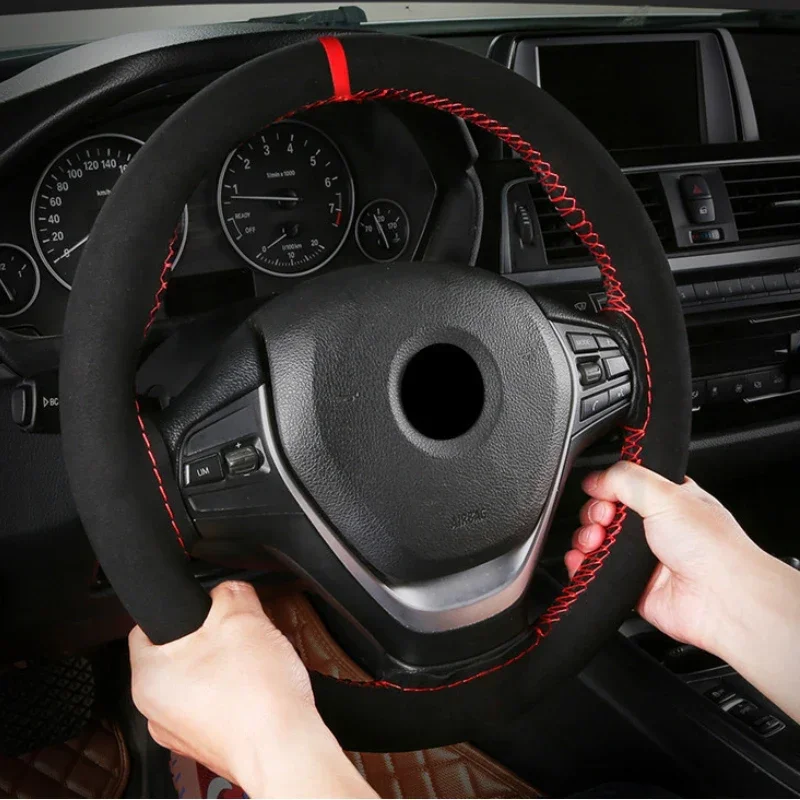 Universal 38cm Car Steering Wheel Cover Soft Comfortable Wear Resistant Hand Sewing Black Suede Leather Braiding Car Accessories
