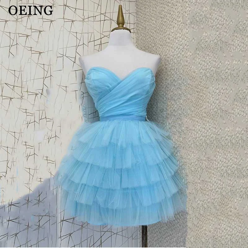 

OEING Sky Blue Prom Dress Simple Strapless Tulle Elegant And Pretty Women's Dresses Special Occasion Gowns Vestidos De Festa