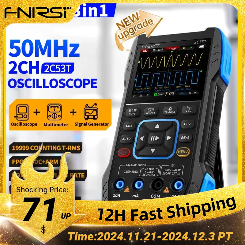 FNIRSI 2C53T 2C23T Upgrade 3in1 Oscilloscope Multimeter Signal Generator 50MHz Bandwidth 250MS Rate Dual Channel 20000 Counts