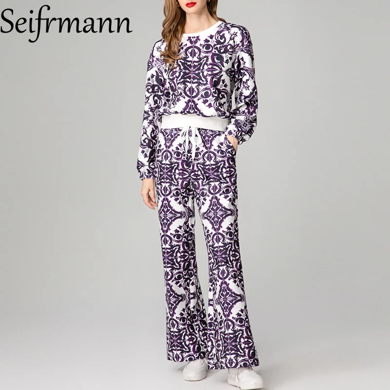 Seifrmann Purple printed round neck long sleeved elastic waisted straight leg pants casual vacation fashionable dress