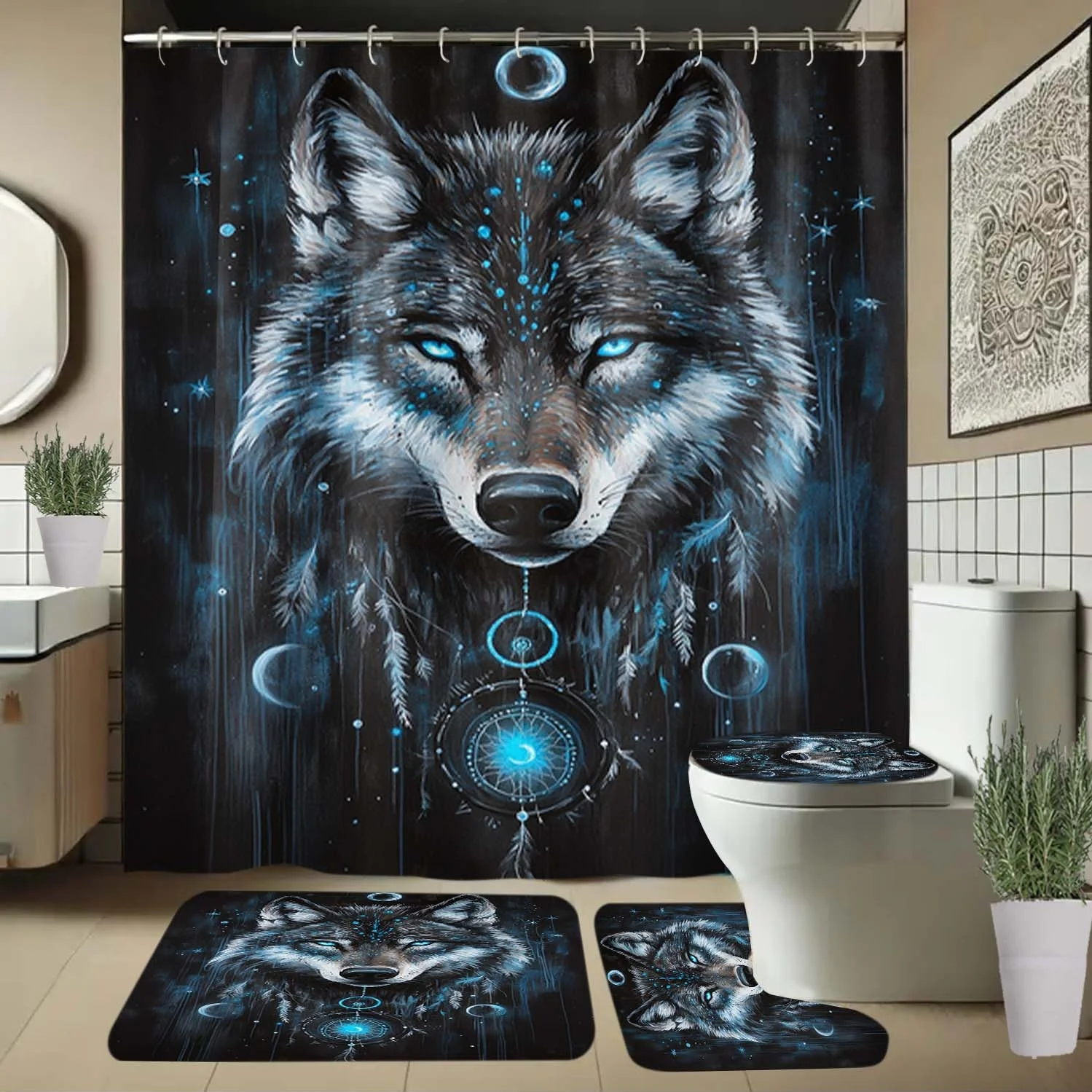 

4 шт., голова волка, Ловец снов, занавеска для душа с узором звездного неба и крючками, занавески для перегородки в ванной комнате, аксессуары для домашнего декора