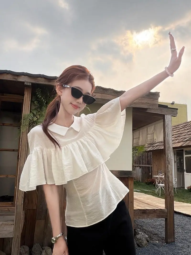 

Women's Summer Slim Fit Breathable Short Sleeve Cloak Style White Shirt Design Sensation Sweet Cool Loose Fit Top
