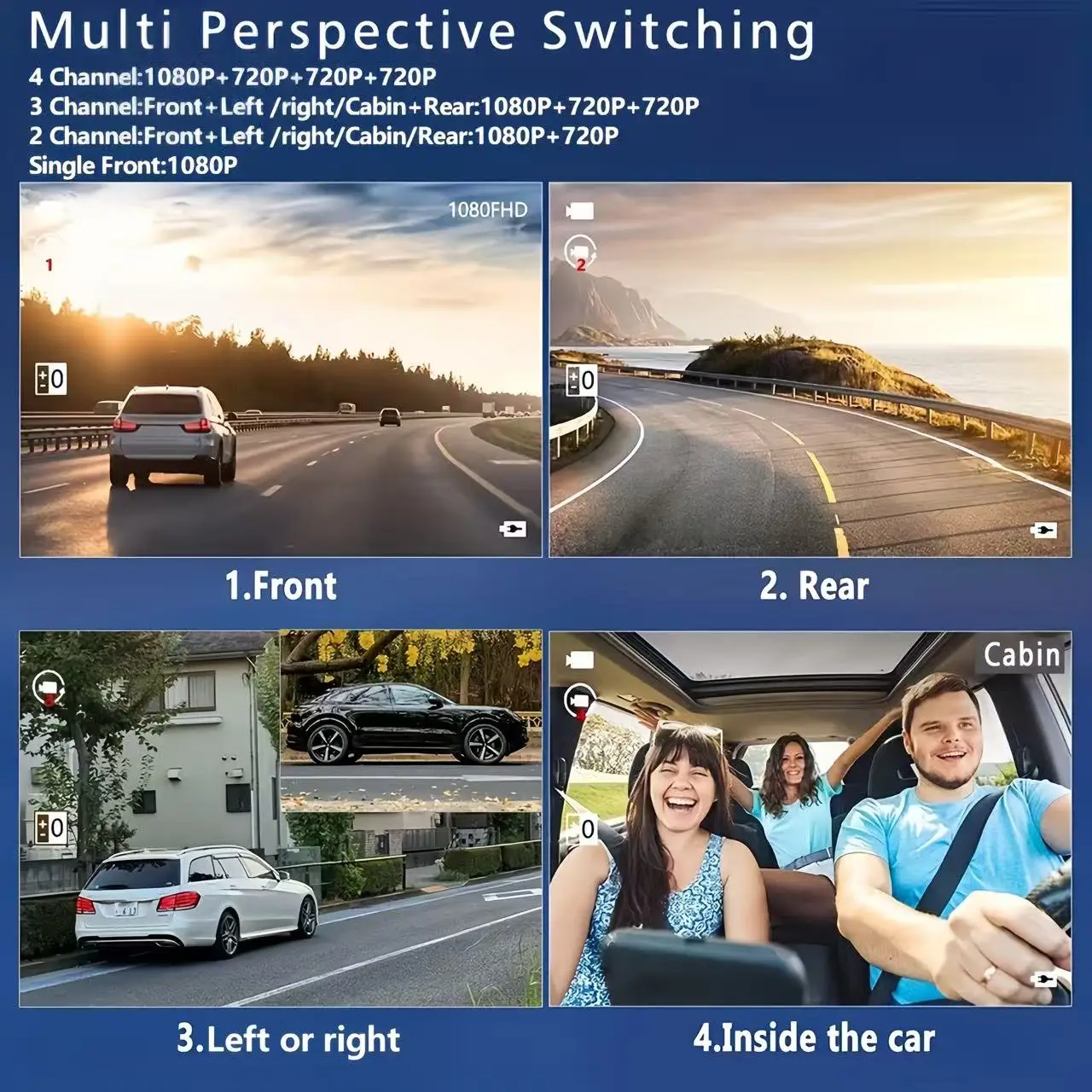 3/4CH Dash Cam, 1080P+720P Multi-Lens, IR Night Vision, Auto Loop Recording Universal Car Fit