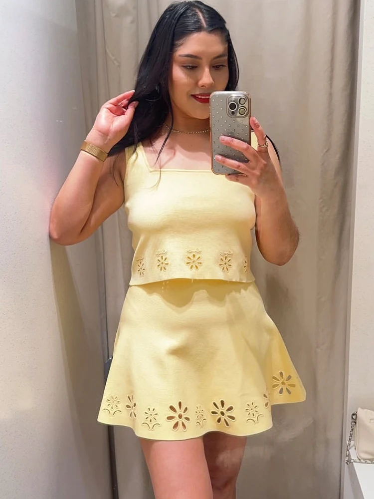 

HH Women's New Summer Fashion Yellow Square Collar Wide Shoulder Strap Top+High Waist Hollow Embroidered Knitted Mini Skirt