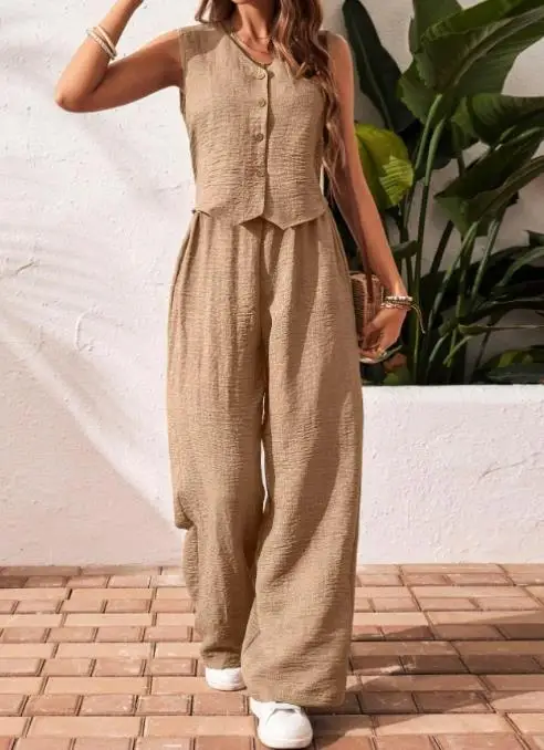 

Women's Cotton and Linen Pants Set 2025 Summer Commuting Front Buckle V-Neck Sleeveless Vest Top & High Waist Casual Pants Set