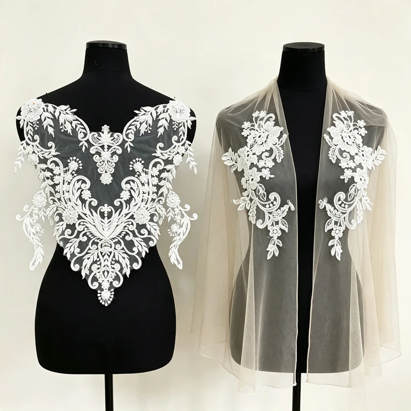 Embroidery White Dress - Modische Elegante Perlen-Stickerei Blumen-Spitzenapplikation für Hochzeitskleider,