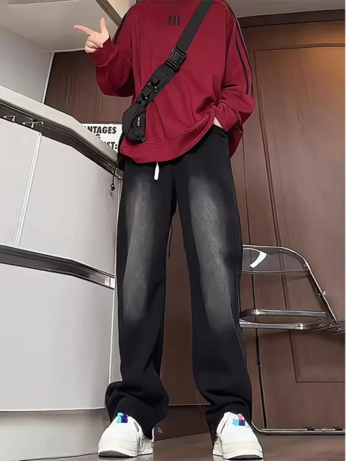 

Мужские джинсы Waed adual прямого кроя, осенне-зимние, в американском уличном стиле, на флисовой подкладке, теплые, свободные, широкие, повседневные брюки