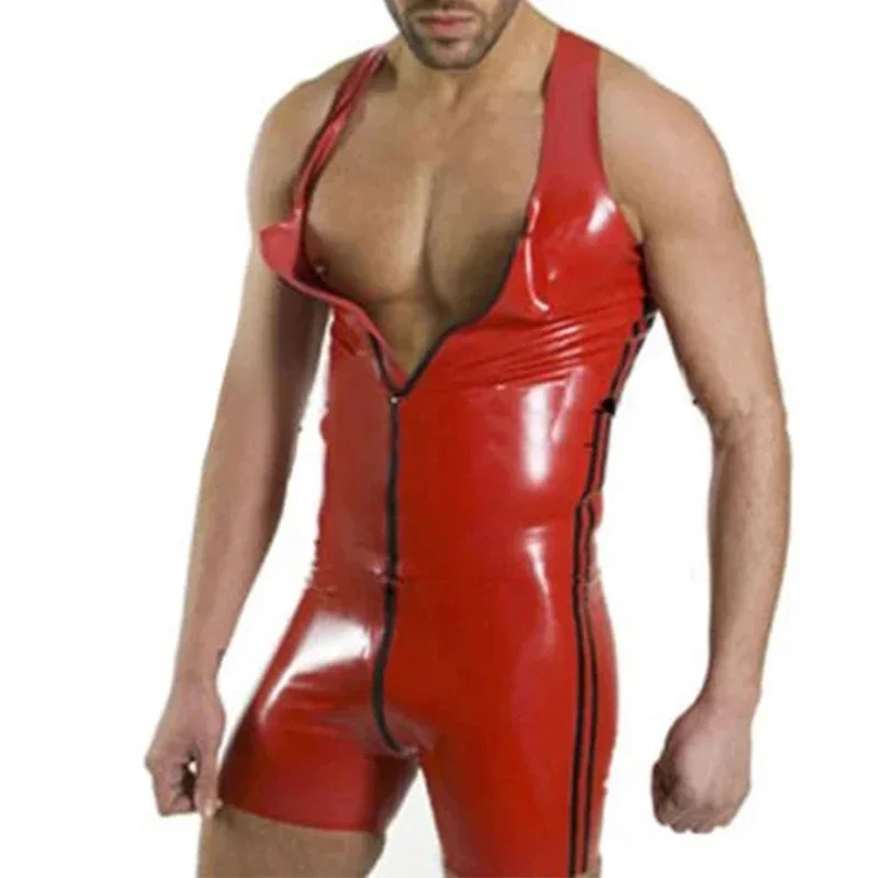 

Sporty and Comfortable Latex Rubber Red Sleeveless Sexy Sports Jumpsuit Swimming Pool Beach Size