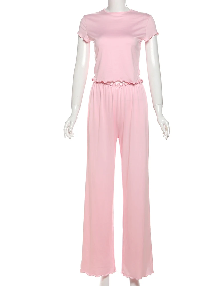 Conjunto de 2 piezas con volantes para mujer, chándal informal sencillo de verano, Tops cortos + Pantalones a juego, trajes elásticos suaves y lisos de calle