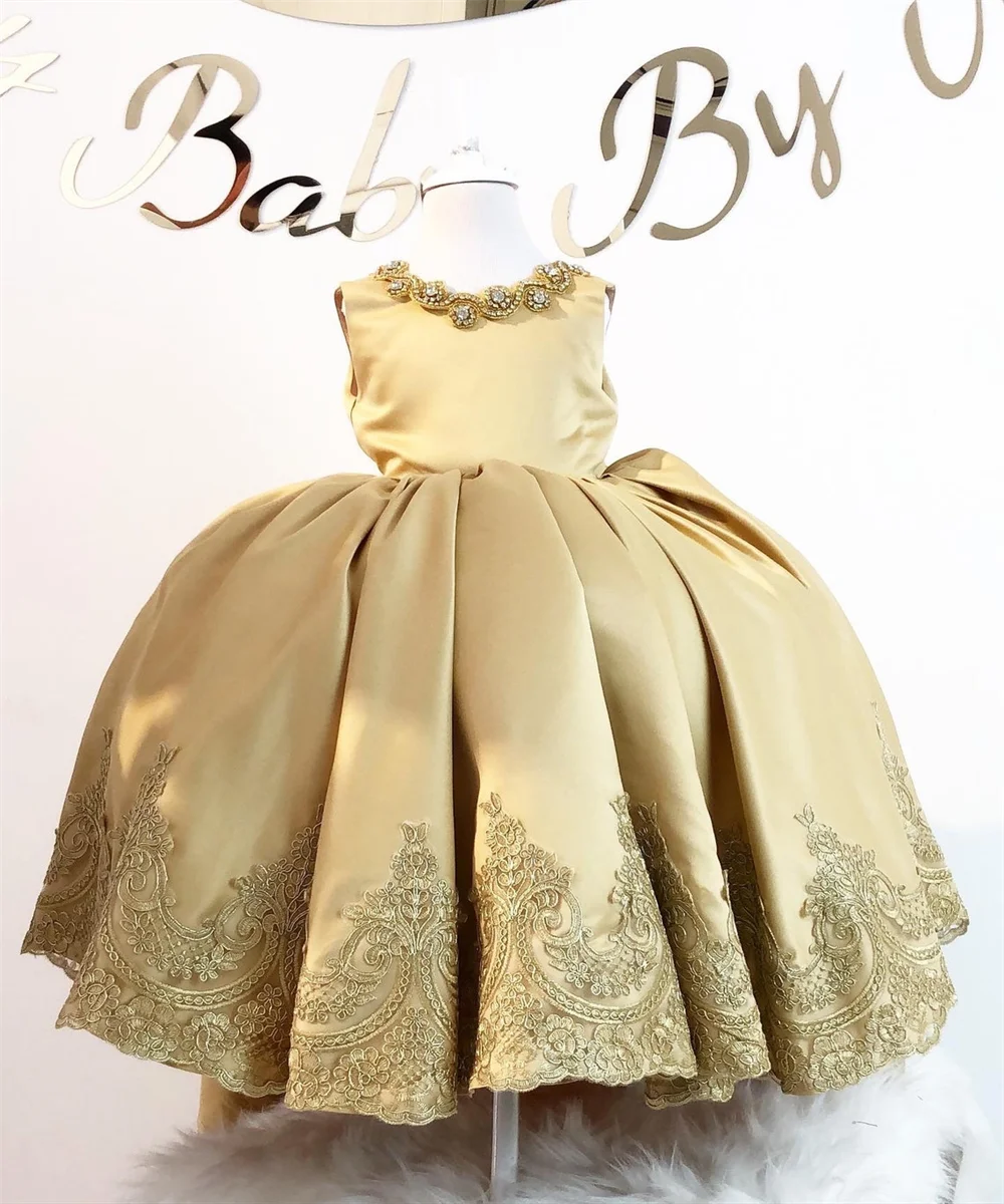 Vestido largo dorado de satén para niña, vestido de noche con flores para boda, primera comunión, apliques con lazo, vestido de fiesta para desfile infantil