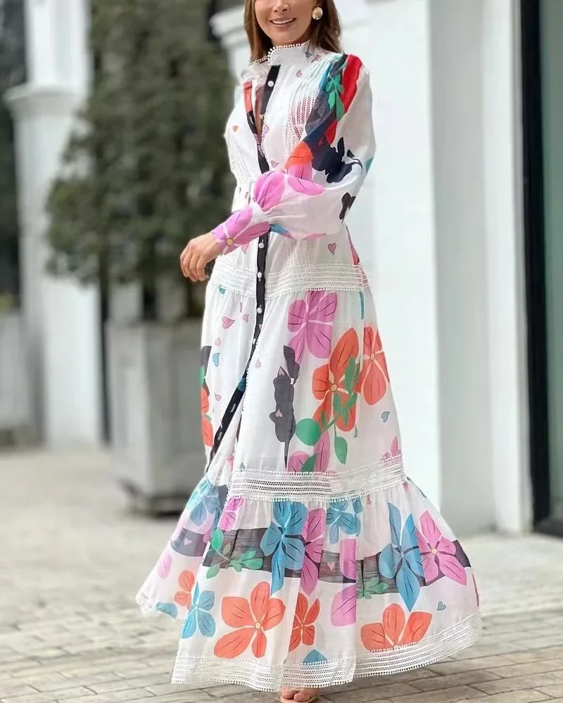 Lente zomer nieuwe vrouwen vestidos mode retro print elegante kant paneel shirt lange jurk vrouwelijke formele jurken