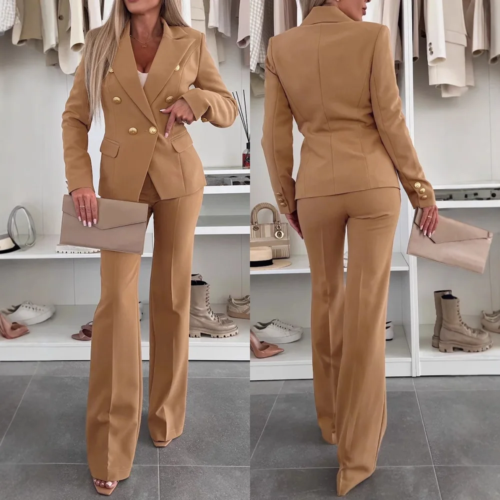 

Комплект из 2 предметов: металлическое кольцо, декор, зубчатый воротник, завязанная талия, переднее пальто, молния, эластичный комплект сзади на талии, блейзер, брюки