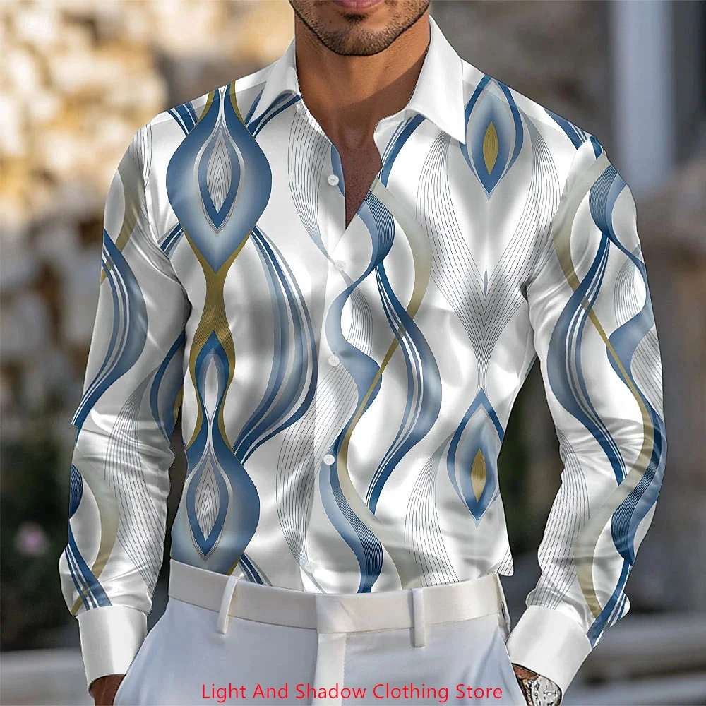 

Men's long sleeved lapel shirt, fashionable and luxurious men's party comfortable clothing, geometric line printed men's top