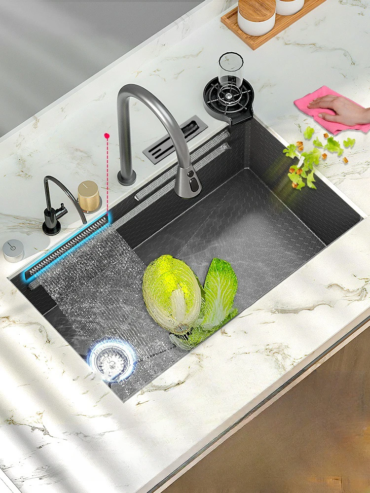 304 Stainless Steel Kitchen Waterfall Sink Digital Display Large Single Slot Dish Basin Sink With Multifunction Touch Waterfall